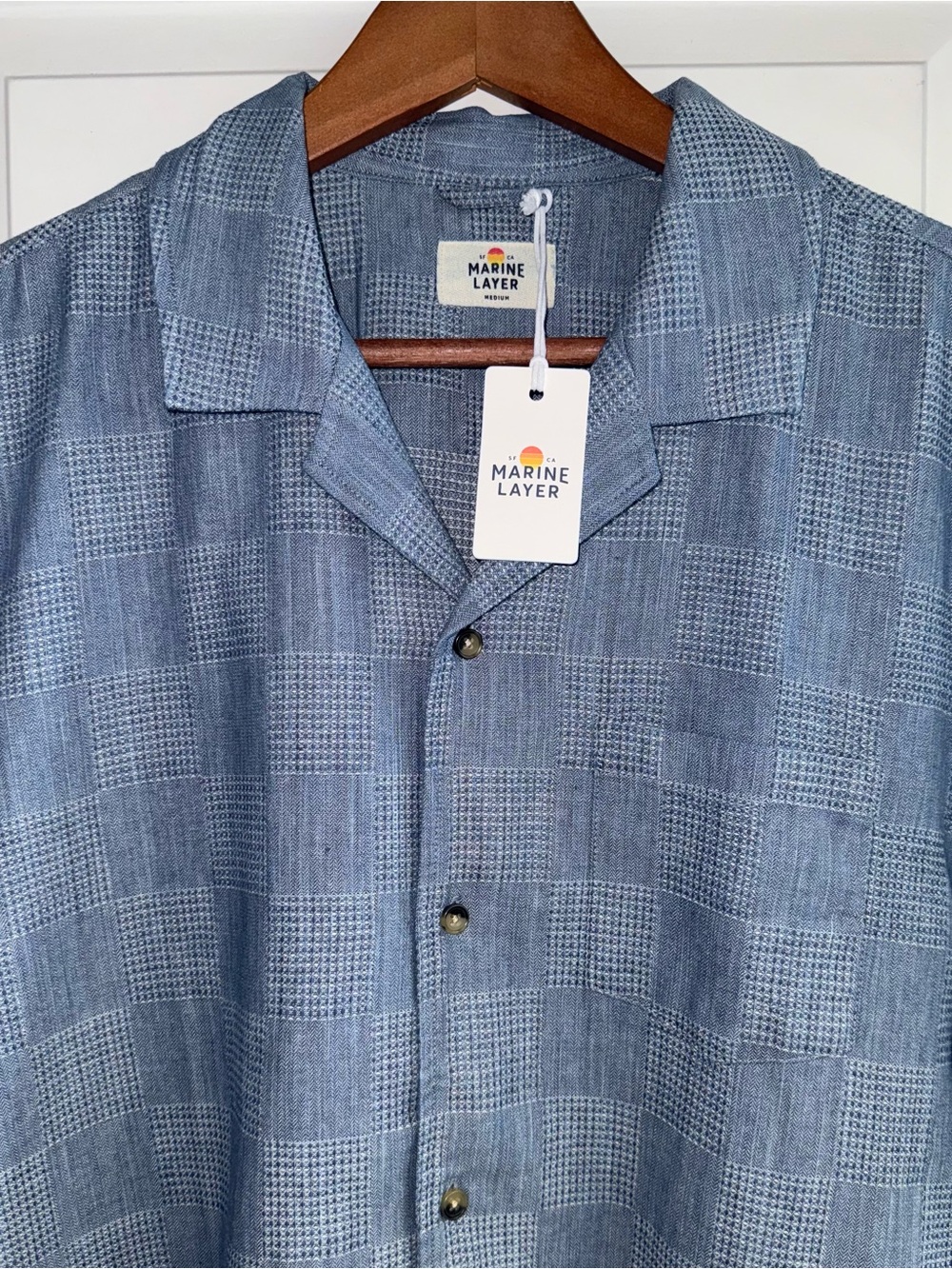 🪡Marine Layer NWT Textured Cotton/Linen Resort Shirt in “Indigo Check” - Picture 2 of 8